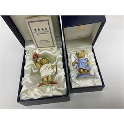 Eight Halcyon Days Teddy Bear of the Year figures, from 1993 to 2000, including one example modelled as a bear in Greek dress carrying a torch, one example modelled as a schoolboy and one example in a blue dress, all boxed 