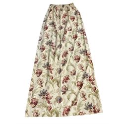 Pair lined and pleated curtains, in cream ground fabric decorated with flowers and trailing foliage (single pelmet width: 105cm. Drop height: 210cm), with beech curtain pole (L198cm, (measurement excludes finials)), and matching rectangular Roman blind (146cm x 94cm)