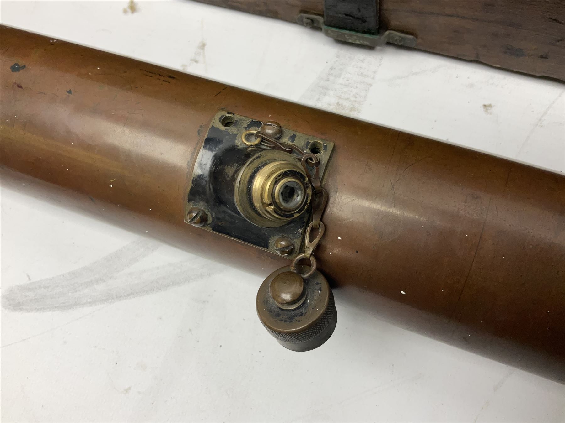 Early 20th century brass and black japanned gunsighting telescope inscribed 'G.S. Telescope X8 No.2127 W.G. Pye & Co Cambridge 1918 No.18' with X graticule to lens L53cm; in wooden box marked 'Gunsighting Telescope'