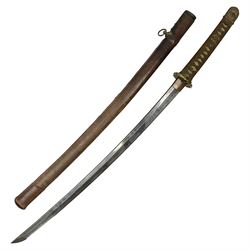  WW2 Japanese Army officer's shin gunto/katana sword with 67cm steel single edged blade, foliate cast brass tsuba, bound fish-skin grip with brass mounts, inscribed and painted marks to tang; in lacquered wooden scabbard with leather combat covering bearing four character marks L99cm overall