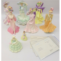  Six Coalport limited edition 'Ascot Lady' figures 1984 - 89 with certificates, and two other smaller Coalport figures (8)  