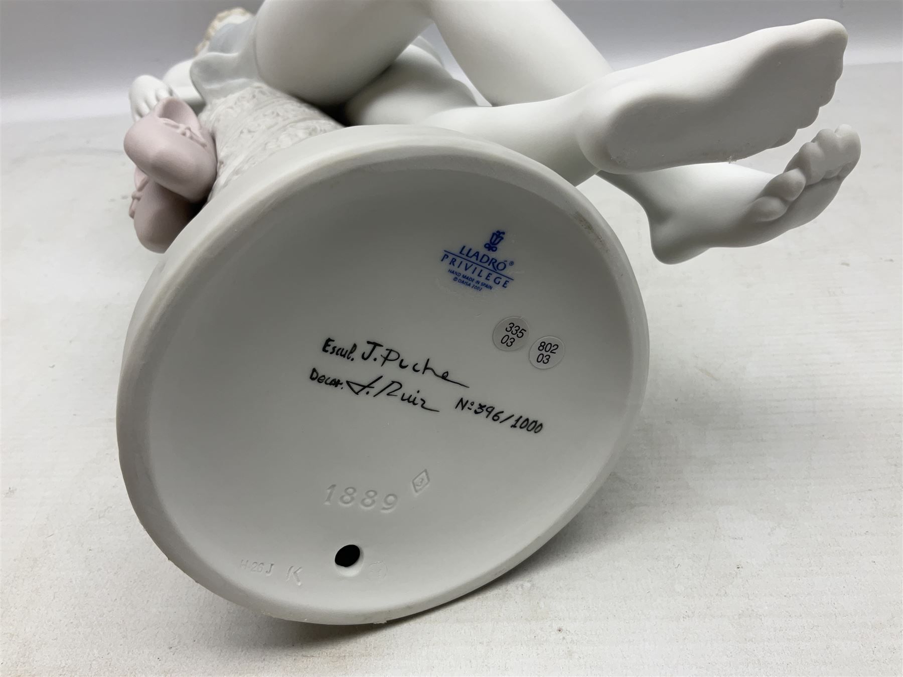 Lladro Privilege figure, Dreams of a Ballerina, modelled as a ballerina leaning against a pillar holding her ballet shoes, limited edition 396/1000, sculpted by Jose Puche, no 1889, with original box, year issued 2003, yea retired 2004, H52cm 
