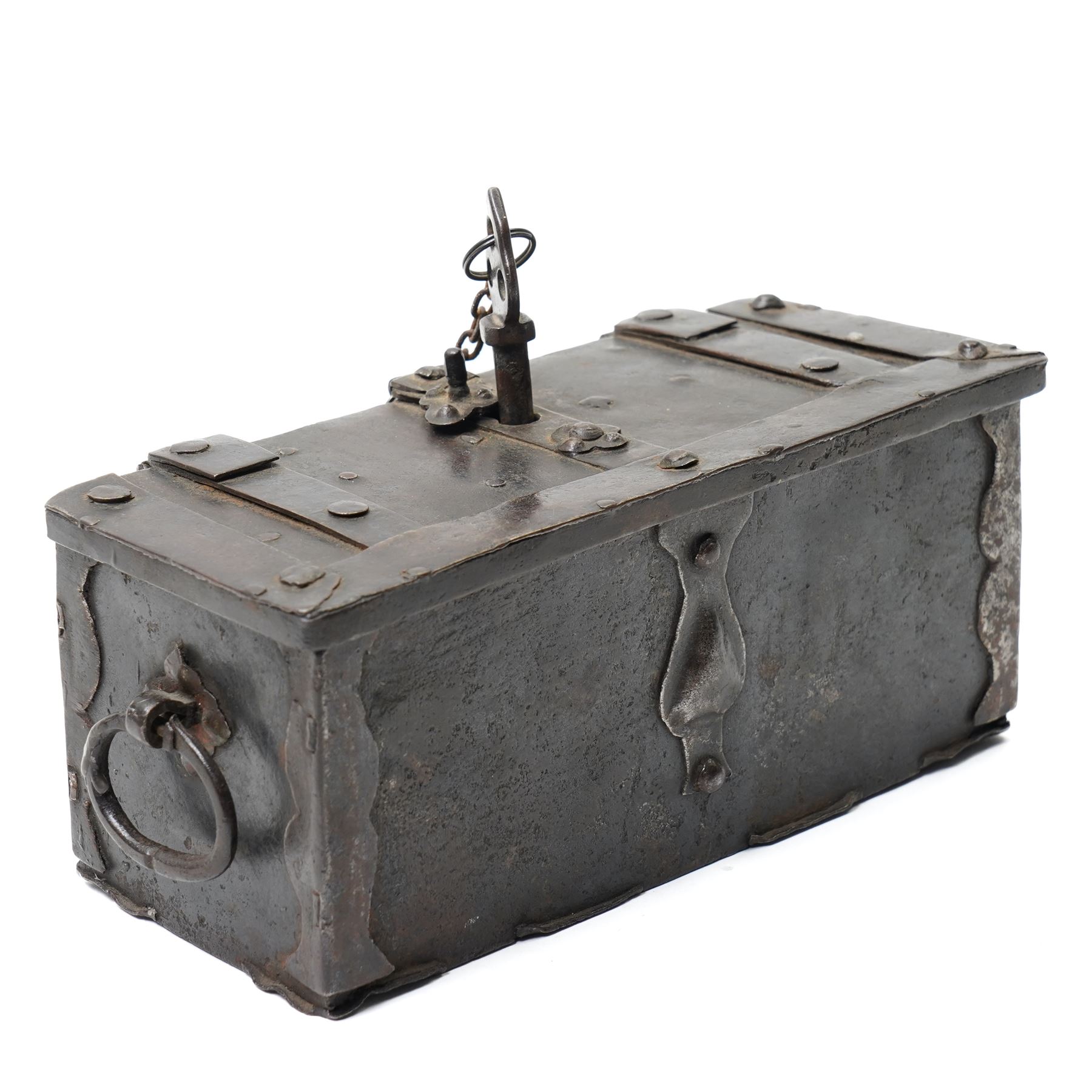 Miniature 17th Century Nuremberg iron table top strongbox, of rectangular form, the hinged lid carrying internal lock mechanism, operated by a key with hinged quatrefoil cover externally, twin carrying handles on each side, with key, W20cm H9cm D9cm