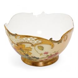 Royal Worcester porcelain including a blush ivory twin-handled basket, shape no. 2365, L13.5cm, blush ivory jug, of tapering form, shape no. 1047, pierced bowl, 1930s small barrel form jug, hand painted with a Redstart, signed, blush ivory flatback jug, twin handled vase, together with a Worcester style miniature part tea set, unmarked 