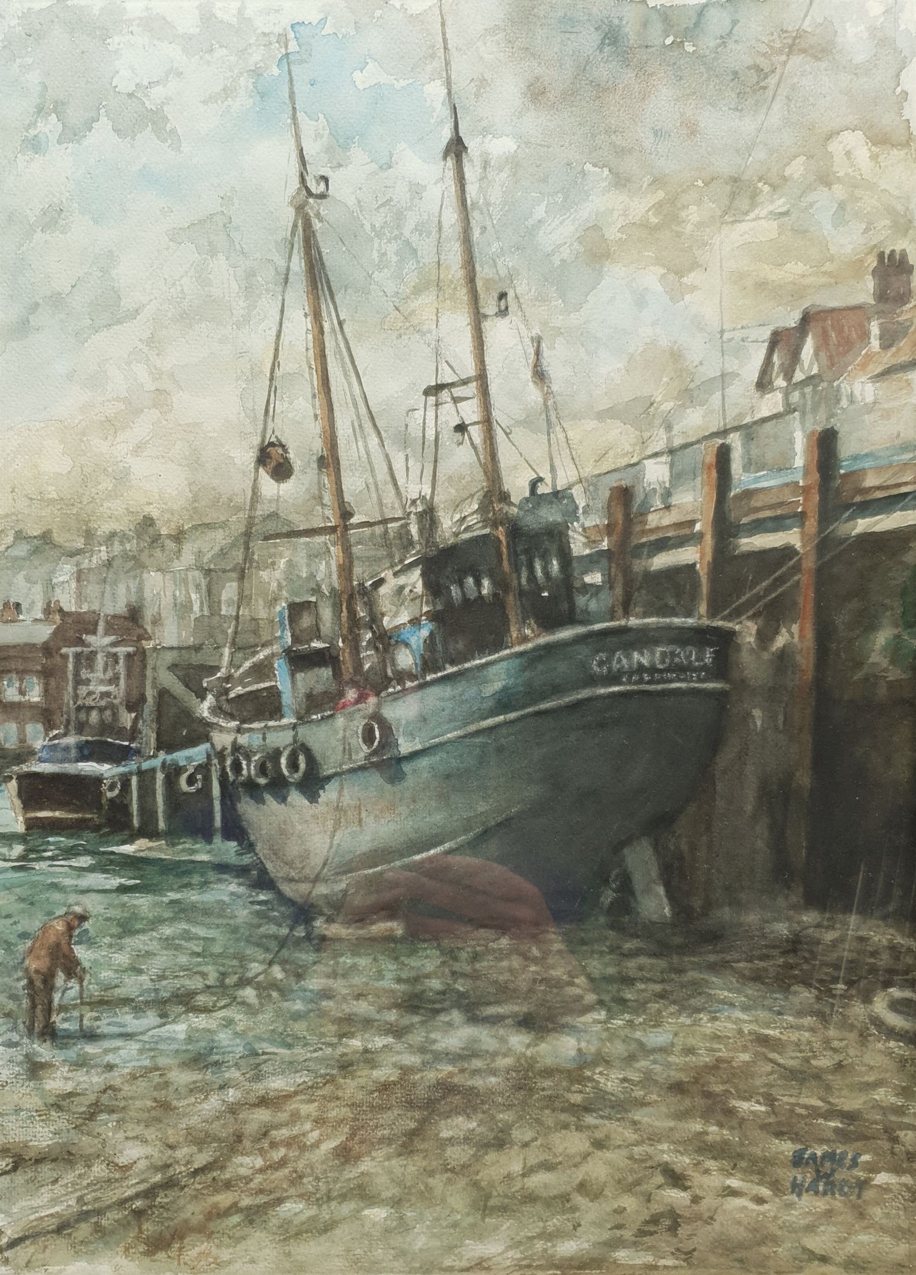 James W Hardy (British 20th century): Trawler 'Gandale' Moored in Scarborough Harbour, watercolour signed 47cm x 33cm