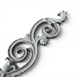 Set of eleven 19th century cast iron ornate stair or banister spindle supports, of scrolling form with scalloped decoration and flower-head motifs, in weathered duck-egg blue painted finish (11)