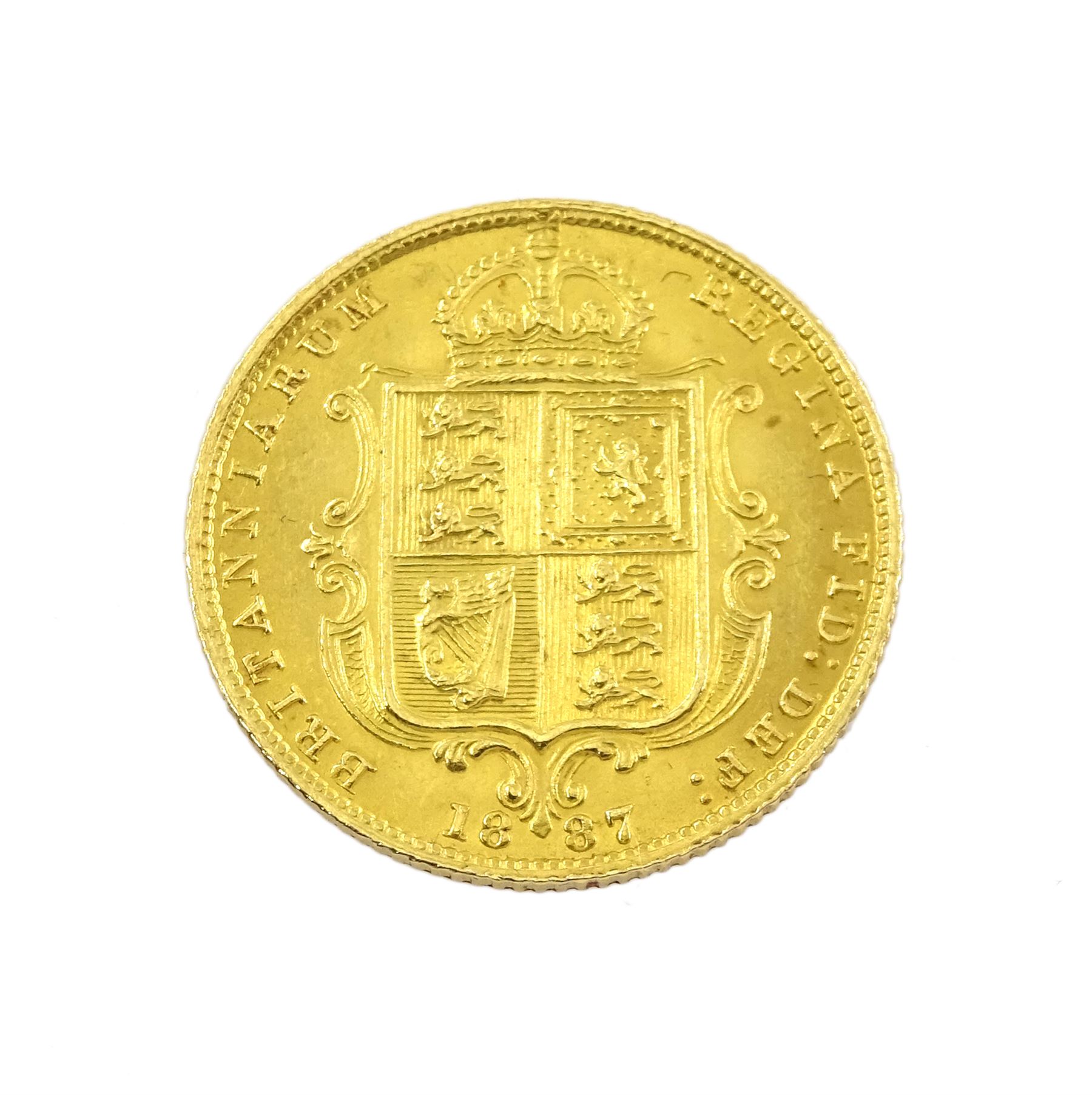 Queen Victoria 1887 specimen coin set, comprising gold half sovereign, sovereign, two pounds and five pounds, silver threepence, sixpence, shilling, florin, halfcrown, double florin and crown, housed in purple velvet case
