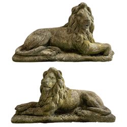 Pair of good quality grand weathered cast stone recumbent lions on rectangular plinth bases 