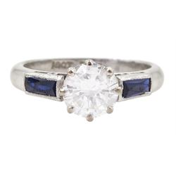 White gold round brilliant cut diamond ring, with milgrain set vari cut sapphire shoulders, stamped 18ct Plat, diamond approx 0.80 carat