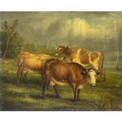 A Jackson (British 19th century): Cattle, oil on mahogany panel signed and dated '86, 20cm x 25cm (unframed)