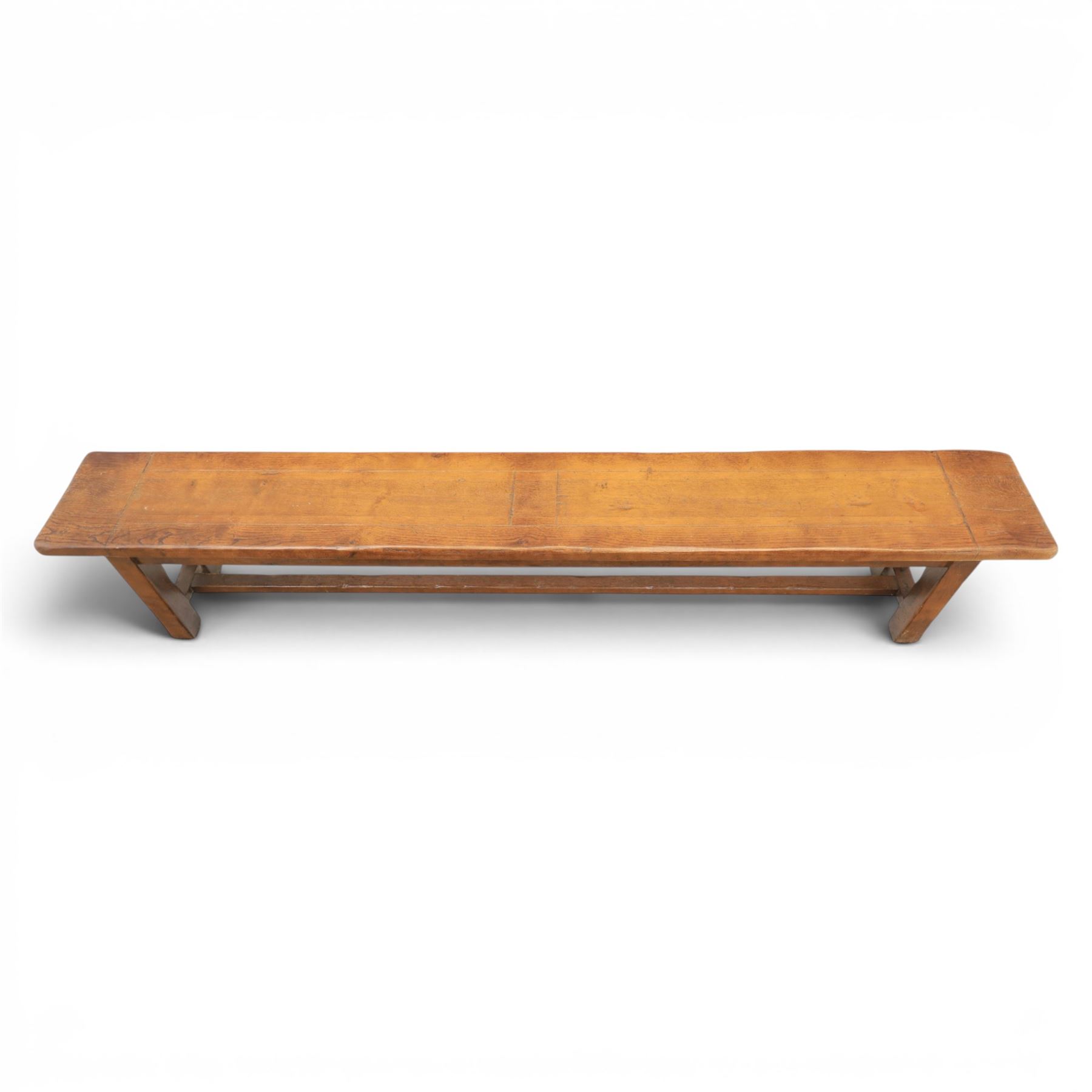 Country pine draw leaf table, bench seat and six chapel chairs, the top of plank construction, with two frieze drawers, additional leaves extending to 320cm, with bench seat and six elm chapel seats