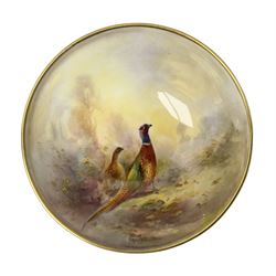 1938 Royal Worcester circular pedestal pin dish, decorated with pheasants in a landscape by James Stinton, with printed mark beneath, D10.5cm