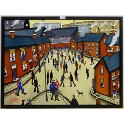 John Hanley (Northern British 1947-): 'Match Day', oil on canvas signed 60cm x 80cm
Notes: Hanley specialises in the representation of Northern life and scenes painting in oils, acrylics and mixed media. Already recognised as a talent in the contemporary art scene Hanley has recently secured the commission for the cover of Biff Byford's (legendary frontman with the heavy metal band Saxon) solo album 'School of Hard Knocks' released in February 2020