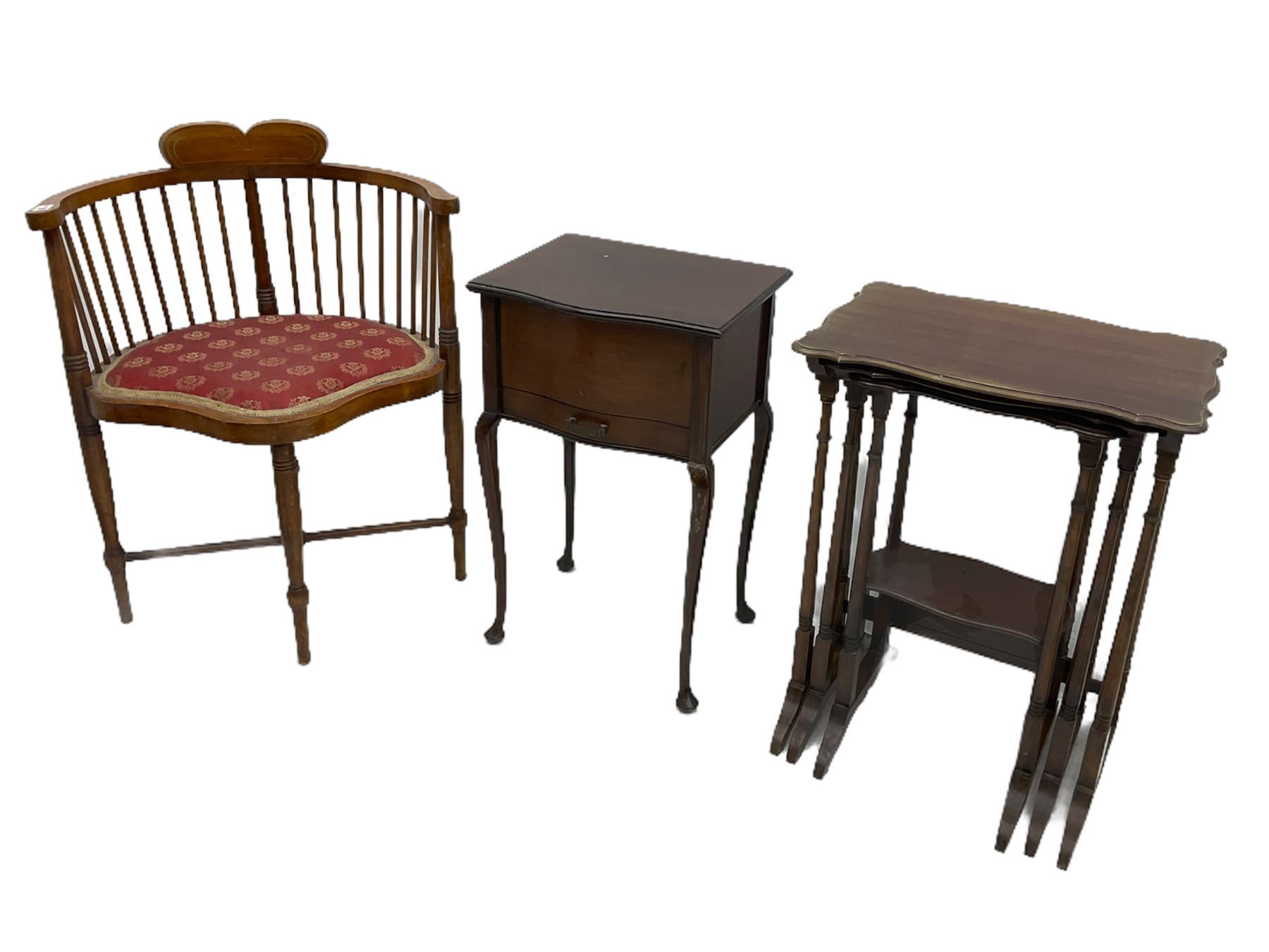 Edwardian corner chair, sewing box, nest of tables, two chairs, luggage stand, stool, drop leaf table and occasional table