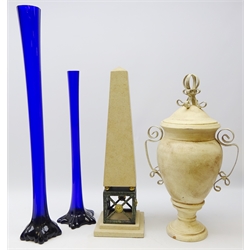  Large composite obelisk mounted on pierced metal base, H61cm matching urn shaped vase and cover and two tall Bristol blue glass posy holders, H80cm (4)  