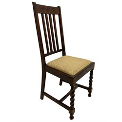 Set of four early 20th century oak barley twist dining chairs, drop in seats