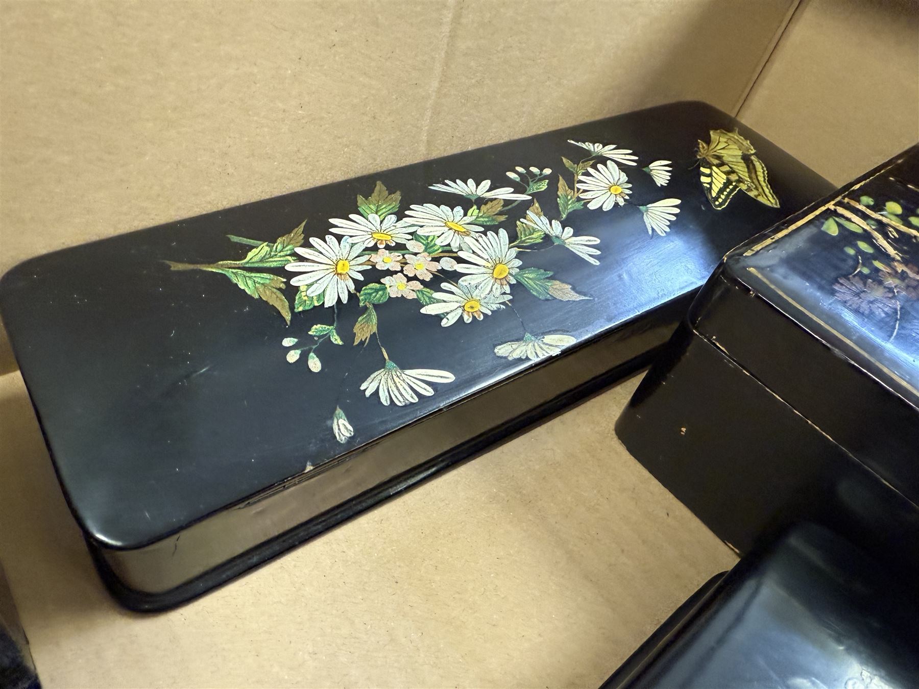 Papier mache boxes, including glove box, jewellery box and two square boxes and a crumb tray