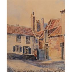 C Holmes (British 19th/20th Century): Clouds over Whitby, oil on canvas signed, 24cm x 34cm; Hely Augustus Morton Smith (British 1862-1941): Entering Whitby Harbour, watercolour signed 42cm x 30cm; W Berkeley (British 19th Century): The Doorway, watercolour signed and dated '04, 23cm x 19cm (3)