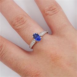 Platinum oval sapphire ring, with milgrain set diamond shoulders, hallmarked, sapphire approx 0.95 carat