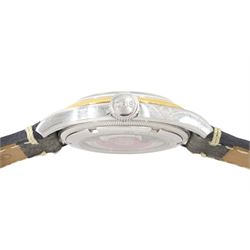 Oris Big Crown Original Pointer Date gentleman's stainless steel automatic wristwatch, Ref. 7551, Cal. 654, silvered dial with dagger and Arabic hour markers, exhibition back case and rose gold-plated bezel, on Squale grey leather strap