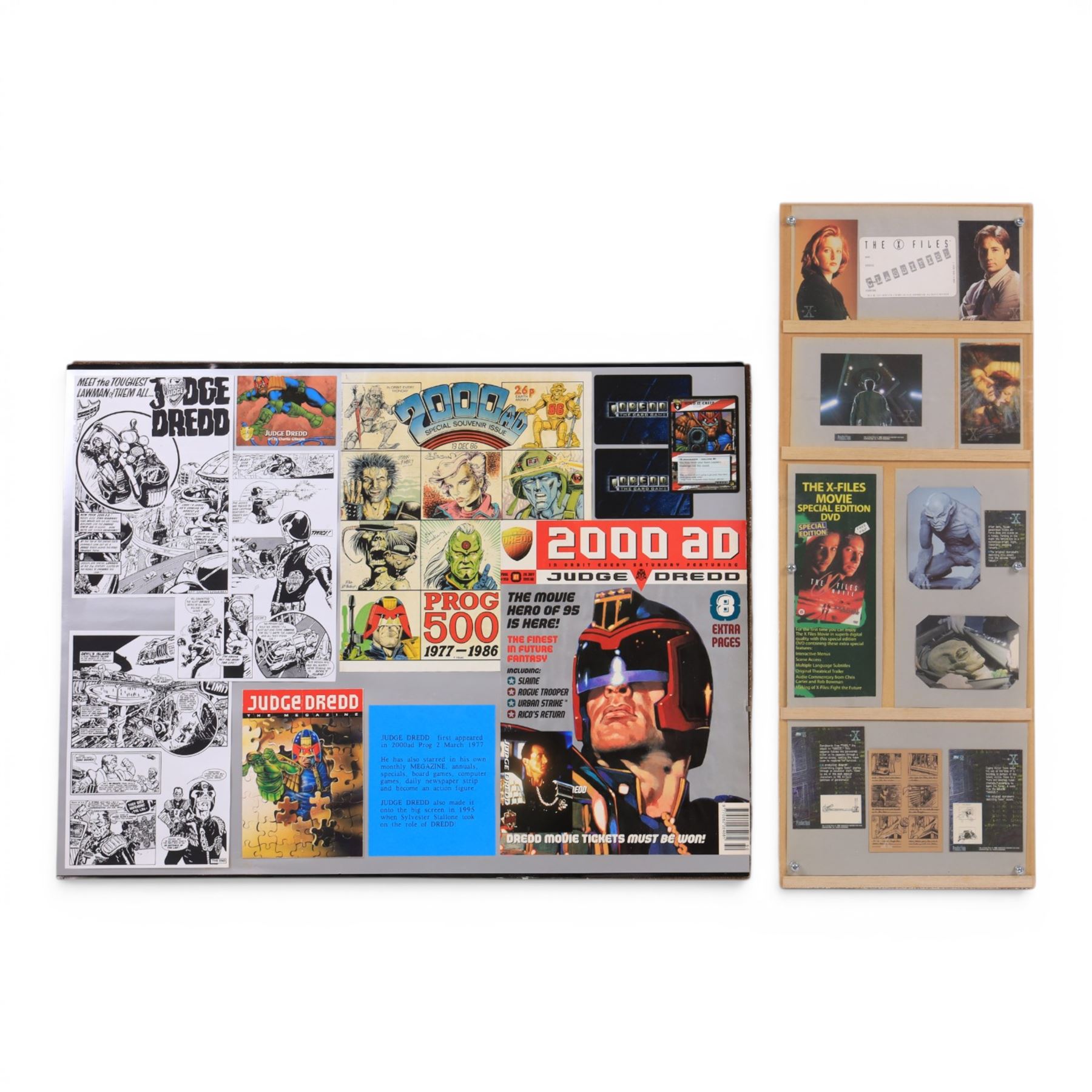 The X Files montage, including cast images, stills and advertisements, within acrylic frame, together with a Judge Dredd montage, including comic cover and comic strips, largest 46x61cm

Notes: This item is from the private collection of Arthur C. Clarke's brother.