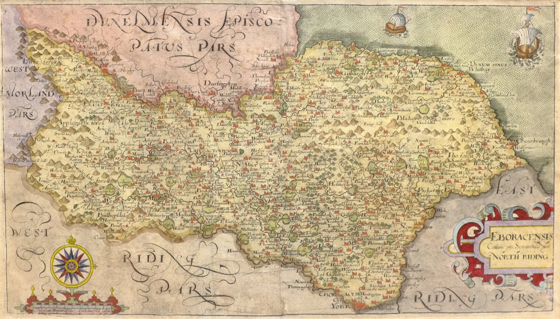 Christopher Saxton (British c.1540-c.1610): North Yorkshire - 'Eboracensis Comitatus pars Septentrionalis Vulgo North Riding', 17th century map engraved by William Hole with later hand-colouring 20cm x 34cm