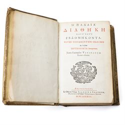 17th century Greek Old Testament - Vetvs Testamentvm Græcvm ex Versione Septuaginta Interpretum, juxta exemplar Vaticanum, Amsterdam, Ex Officinâ Viduæ Joannis à Someren, Henrici & Viduæ Theodori Boom, 1683, 8vo, Greek text throughout (Ἡ Παλαιὰ Διαθήκη κατὰ τοὺς Ἑβδομήκοντα), title printed in red and black with woodcut vignette, contemporary blind-panelled vellum, spine with raised bands