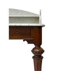 Victorian figured mahogany two-piece bedroom set - the washstand with white and black marble moulded top with arched back and raised shelf, two moulded frieze drawers, on turned and fluted supports with brass and ceramic castors (W123cm, D60cm, H102cm); the dressing table with raised swing mirror in moulded frame with shell and scroll carved pediment, on scrolled horns carved with foliage, four raised trinket drawers over moulded rectangular top, fitted with two drawers, on turned and fluted supports with brass and ceramic castors (W122cm, H177cm, D62cm)