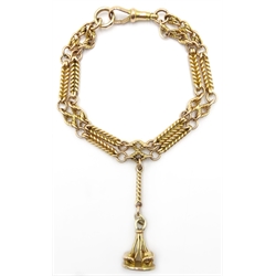  Gold fancy double row link bracelet, with clip and pendant fob, stamped 15c  