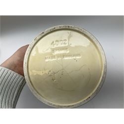 Two Royal Crown Derby pattern Imari soup bowls, pattern 2451, Belleek Fermanagh Ireland four piece set in green shamrock pattern, Royal Doulton small lady figure, Marie HN1370, large Wedgwood fruit bowl, Sylvac jardiniere in autumn leaves pattern, five pieces Co-operative Society commemorative ceramics, with selection of other ceramics. 