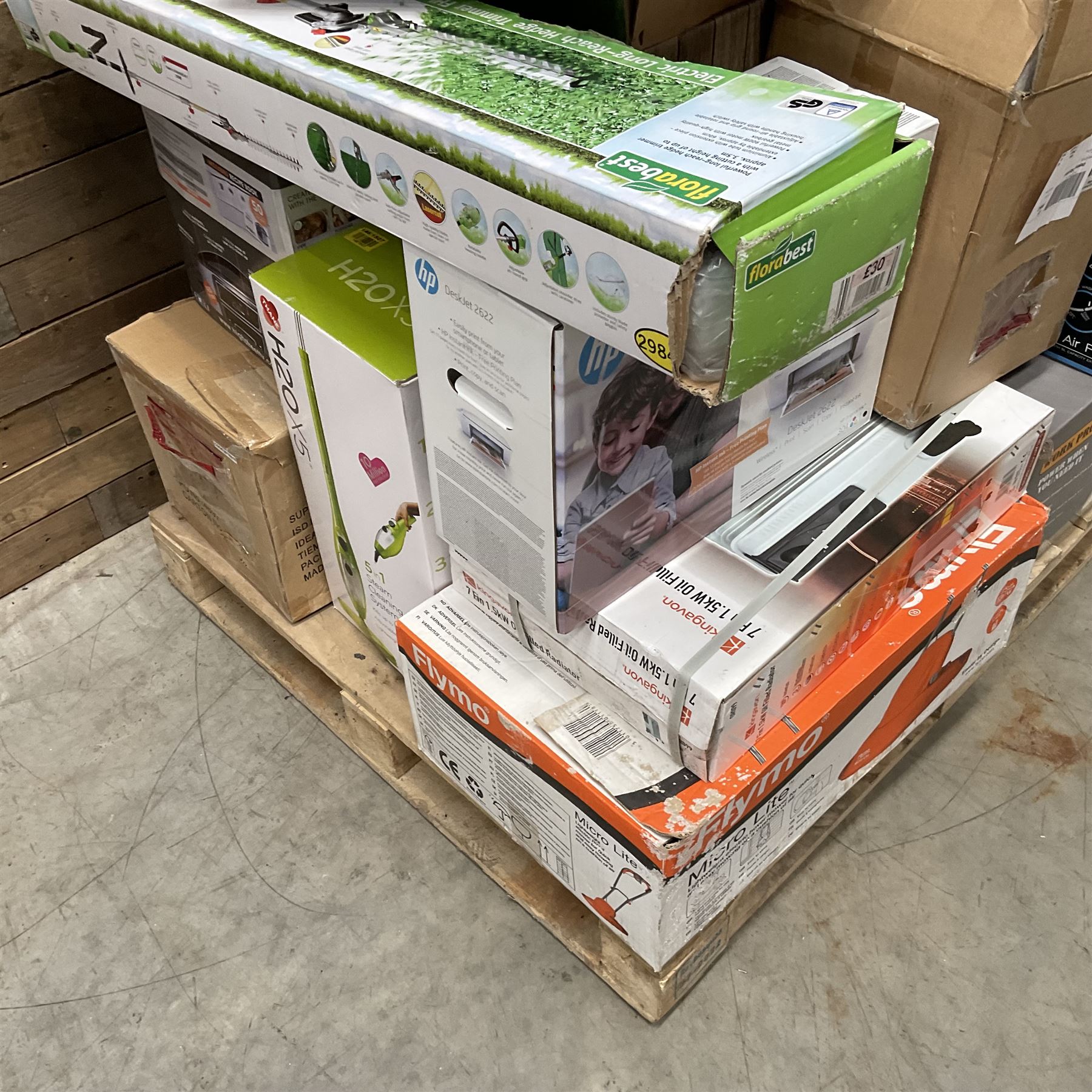 Collection of boxed items including a Flymo Micro Lite lawn mower, HP printer, Daewoo Halogen Air Fryer, an oil filled radiator etc