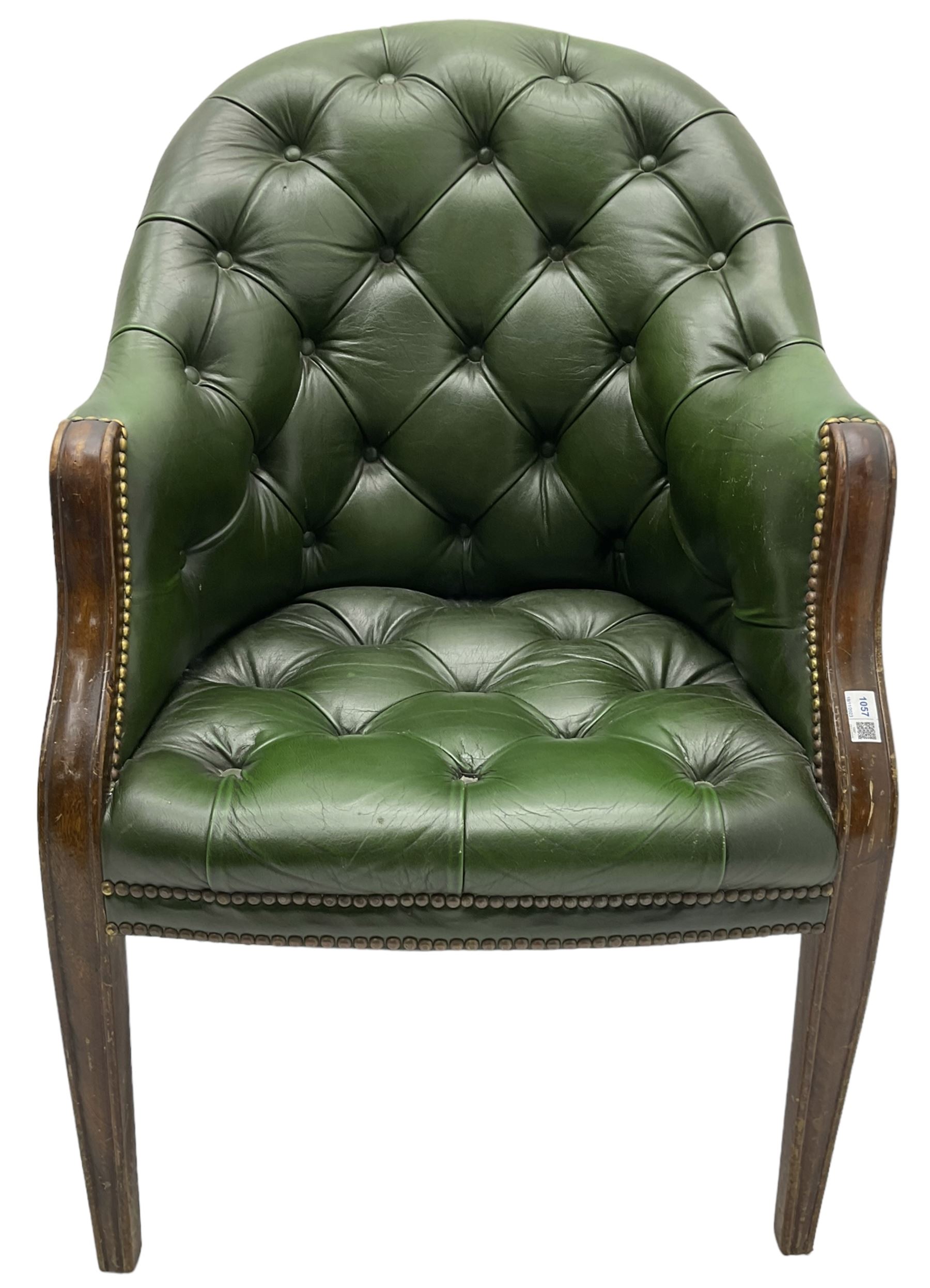 19th century design mahogany framed chesterfield library chair, upholstered in buttoned green leather with studwork, on square tapering supports