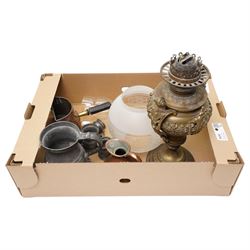 Collection of metalware, including various pewter measures copper measure, oil lamp, etc