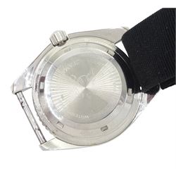 Omega Seamaster 300 gentleman's stainless steel automatic wristwatch, circa 1966, Ref. 165.024, Cal 552, serial No. 23468431, black dial with luminous baton hour markers and Arabic numeral quarters, white outer minute divisions, polished sword hands with luminous inserts, on black fabric strap