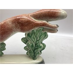 Six Rye Pottery figures, comprising, jumping fox, squirrel upon a branch, billy goat, bull, chicken and cockerel  