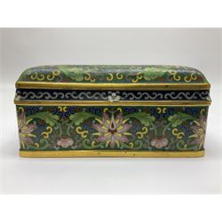 20th century Chinese cloisonne enamel smoking set, comprising two ashtrays, box and tray, with floral and foliate scrolling on green ground