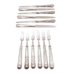 Set of 1920s silver Kings pattern dessert knives and forks for six place settings, hallmarked to blades, Mappin & Webb Ltd, Sheffield 1927