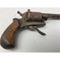 19th century 7mm five-shot pin-fire revolver, the cylinder marked 'The Savety (sic) American Revolver 1879', with folding trigger and two-piece walnut grip L18cm
