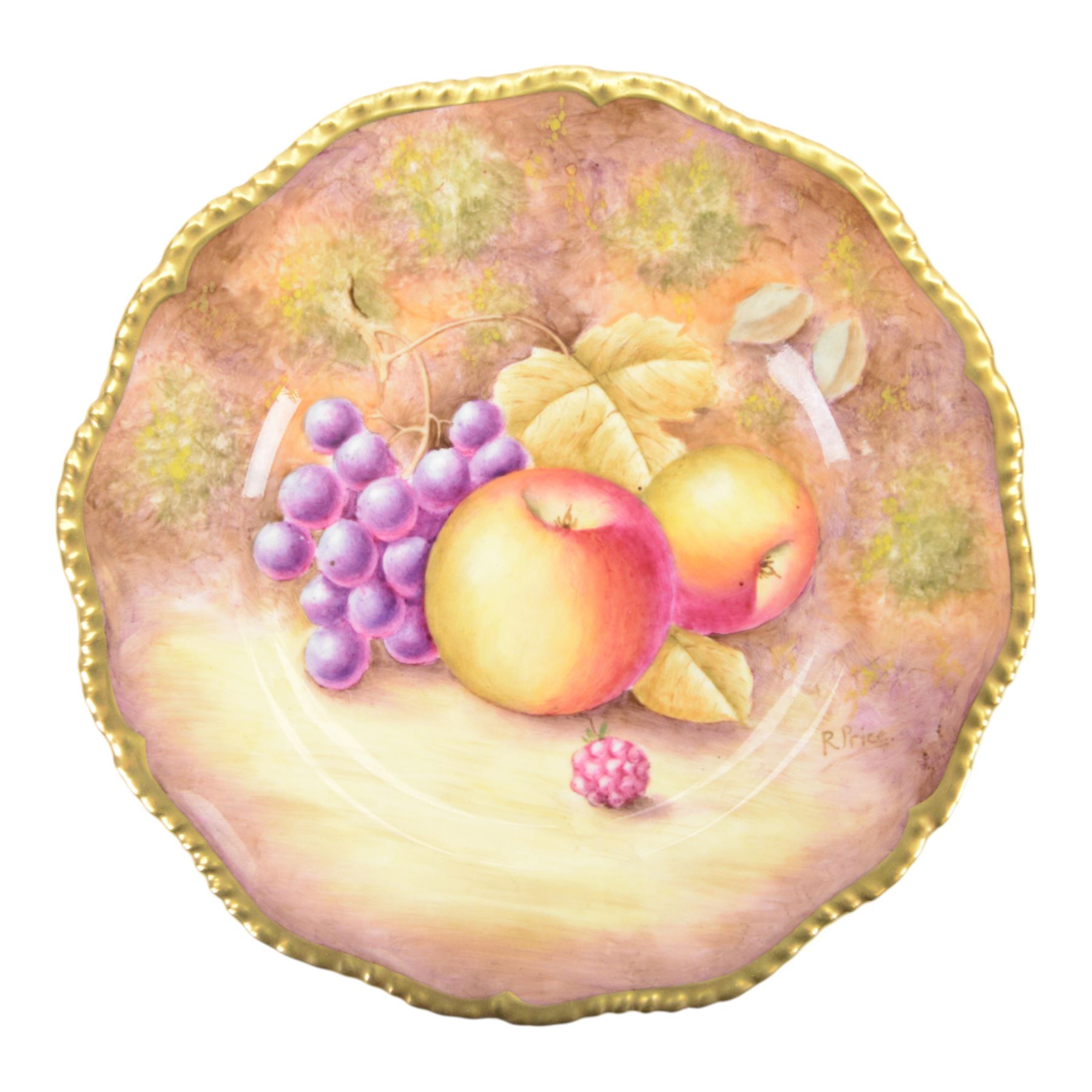 20th century Royal Worcester footed bowl, hand painted with gilt interior, the exterior a still life of fruit upon a mossy ground, signed Freeman, with black printed mark beneath, together with plate side plate and cabinet plate, bowl, H8cm, D13cm