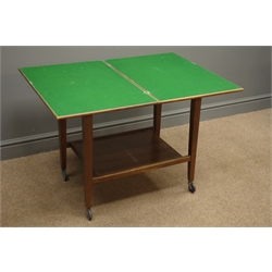  Mid 20th century walnut swivel, folding coffee and games table, green baize, square tapering supports, joined by an undertier, 'Eastcraft Scotland', W66cm, H63cm, L91cm, (maximum measurements)  