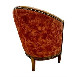 Pair of cherry wood framed tub-shaped armchairs, upholstered in striped floral fabric with brass stud trim, carved walnut frame with fluted supports capped with pinecone finials, on turned feet