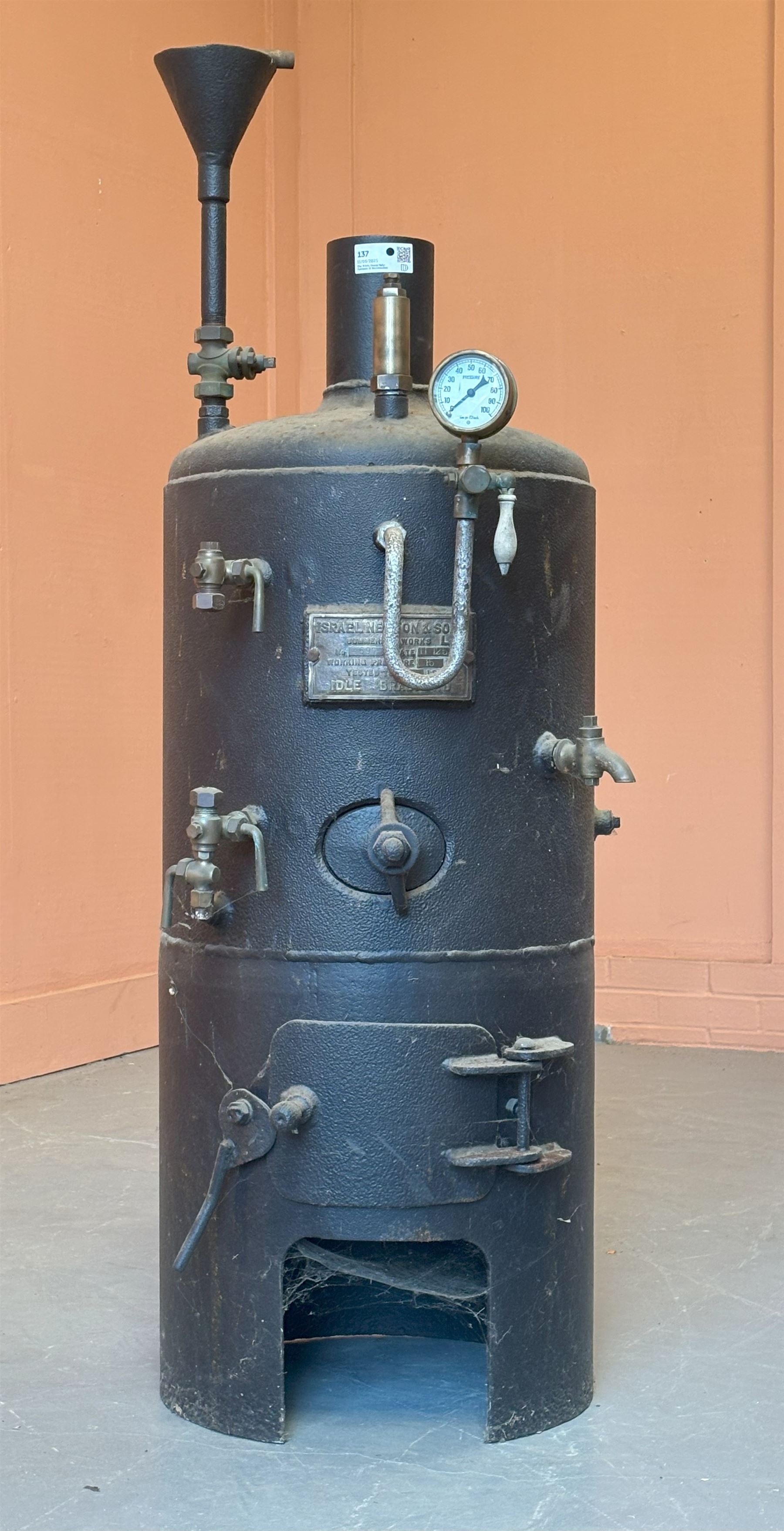 Large Isreal Newton and Sons steam boiler, complete with fittings, untested. H144cm, D48cm.  - COLLECTION BY APPOINTMENT FROM: The White House, Thirsk Road, Easingwold, York, YO61 3NF - CALL 01723 507111 TO ARRANGE