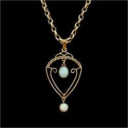 Edwardian 9ct rose gold two stone opal pendant necklace, both stamped
