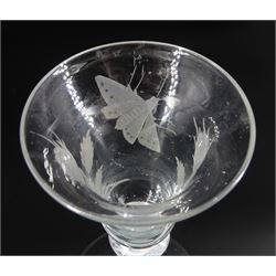 Late 18th/early 19th century drinking glass of possible Jacobite interest, the bell shaped bowl engraved with six petal rose, one open and one closed bud, and moth, upon a double series opaque twist double knopped stem and conical foot, H16cm