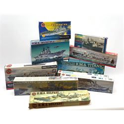 Ten plastic model kits of ships by Airfix, Revell, Dragon and Skywave, predominantly 1/600th scale including R.M.S. Titanic, HMS Invincible, two x HMS Ark Royal, HMS Fearless, HMS Hood, HMS Belfast, Bismarck etc; all boxed, most in factory sealed transparent packaging (10)