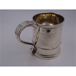Queen Anne/George I Britannia standard silver tankard, of cylindrical tapering form with girdle, the body engraved with monogram and crest, with S scroll handle, hallmarked Humphrey Payne, other elements indistinct, H11.4cm