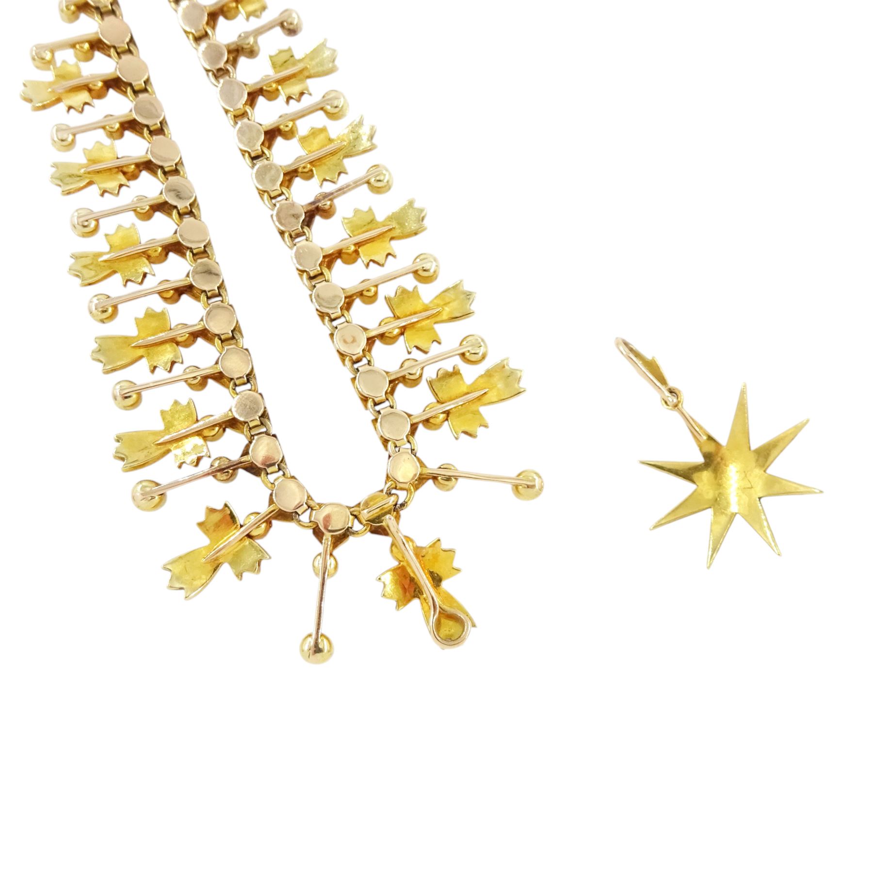 Edwardian 15ct gold split pearl fringe necklace, thirteen graduating cross pendants, each spaced by pearl drops, the centre cross suspending an 18ct gold pearl star pendant, to a pearl set chain necklace, in silk and velvet lined case by Elkington, Glasgow