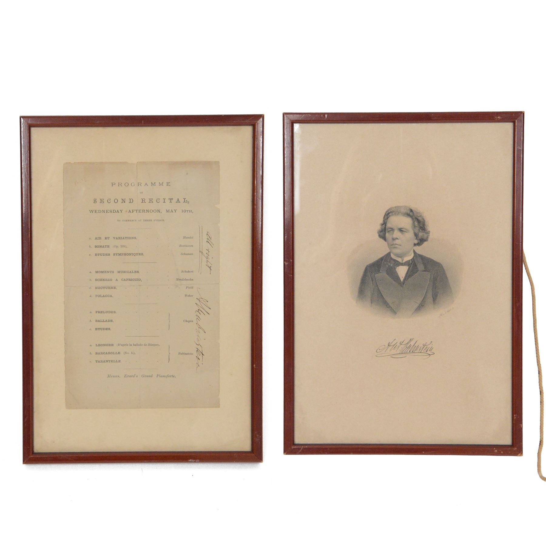 Signed 19th century programme for the Second Recital 'Variations' by Russian pianist Anton Rubinstein, performed Wednesday May 10th 1876, one of five recitals performed that year by the keyboard virtuoso at St James' Hall London after a long absence from England, the programme signed down the right side 'all right' with Anton Rubinstein's signature beneath, together with a portrait engraving of Rubinstein, also signed beneath, within matching frames, frame H30cm