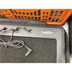 Alesis SR-16 drum machine, Neewer 48V phantom power supply, microphone stand, Genexxa microphone, quantity of jack to jack cables and other similar items