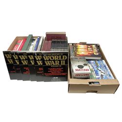 Three boxes of books, periodicals and DVDs of military interest with particular emphasis on WW2 including The History of World War Two in thirty original parts by Orbis, The D-Day Experience by Richard Holmes, The World War Two Databook, The World at War, Special Forces etc